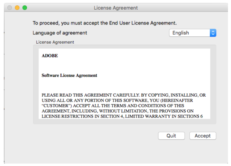 End user software license agreement. Пользовательское соглашение на английском. EULA скрин