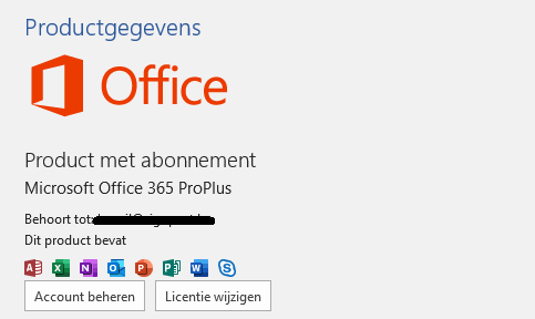 Productgegevens 
O Office 
Product met abonnement 
Microsoft Office 365 ProPlus 
Behoort to 
Dit product bevat 
Account beheren 
Licentie wijzigen 