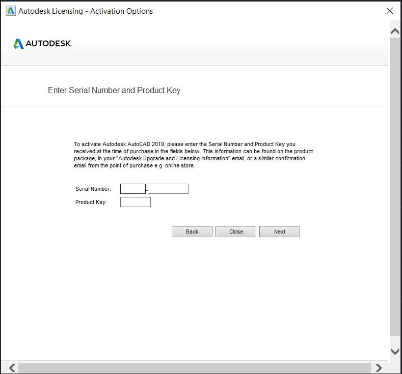 Enter Serial Number And Product Key Autocad 2019